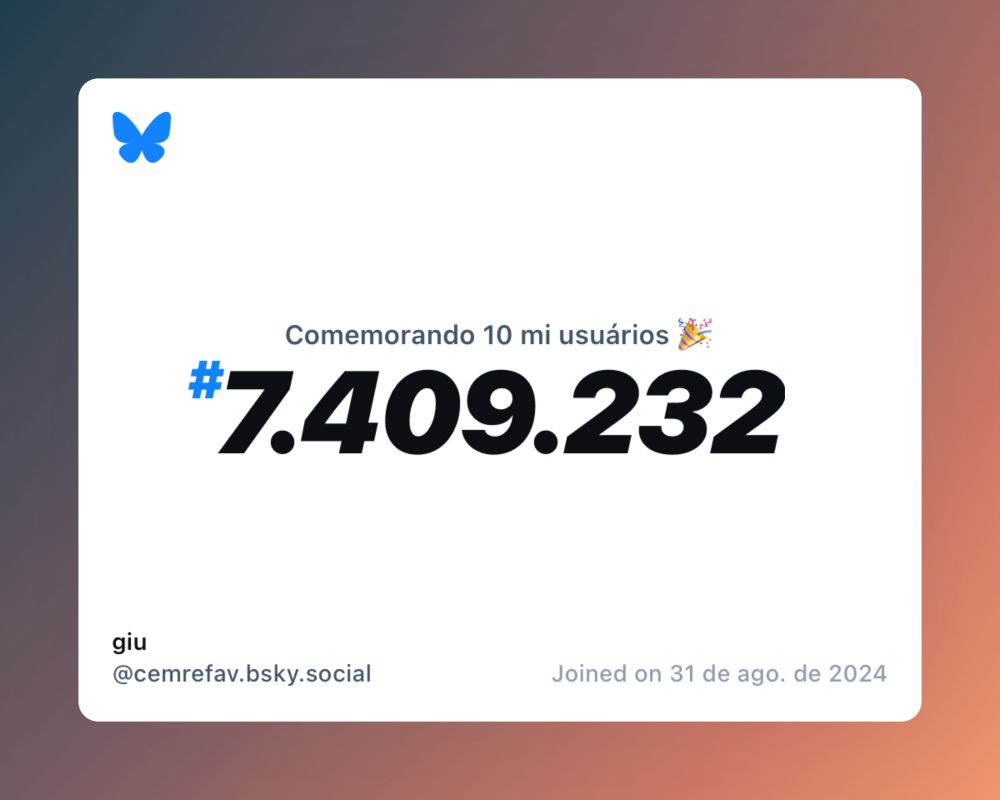 Um certificado virtual com o texto "Comemorando 10 milhões de usuários no Bluesky, #7.409.232, giu ‪@cemrefav.bsky.social‬, ingressou em 31 de ago. de 2024"