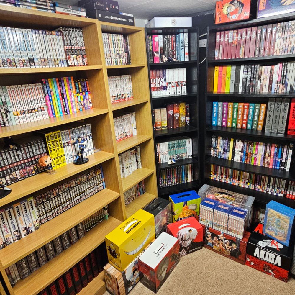 photo 3 of Grims manga collection, taken back in June 2024. This photo shows Yona of the Dawn, Parasyte, Spy x Family, Mashle, Monster, Goonight Pun Pun, Vinland Saga and various manga boxsets such as Tokyo Ghoul and Naruto.