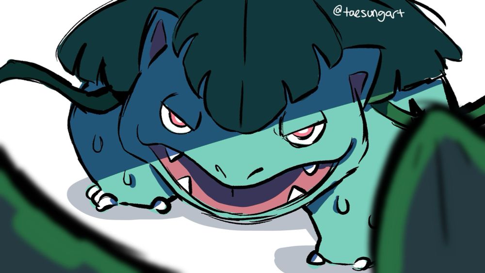 Drawing of the pokemon vensuaur looking to camera. Vine Whips reach to the foreground.