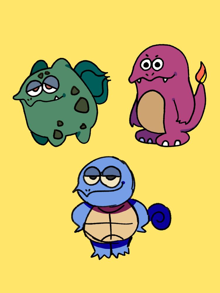 Silly cartoon style of the pokemon starters Bulbasaur, Charmander, and Squirtle.