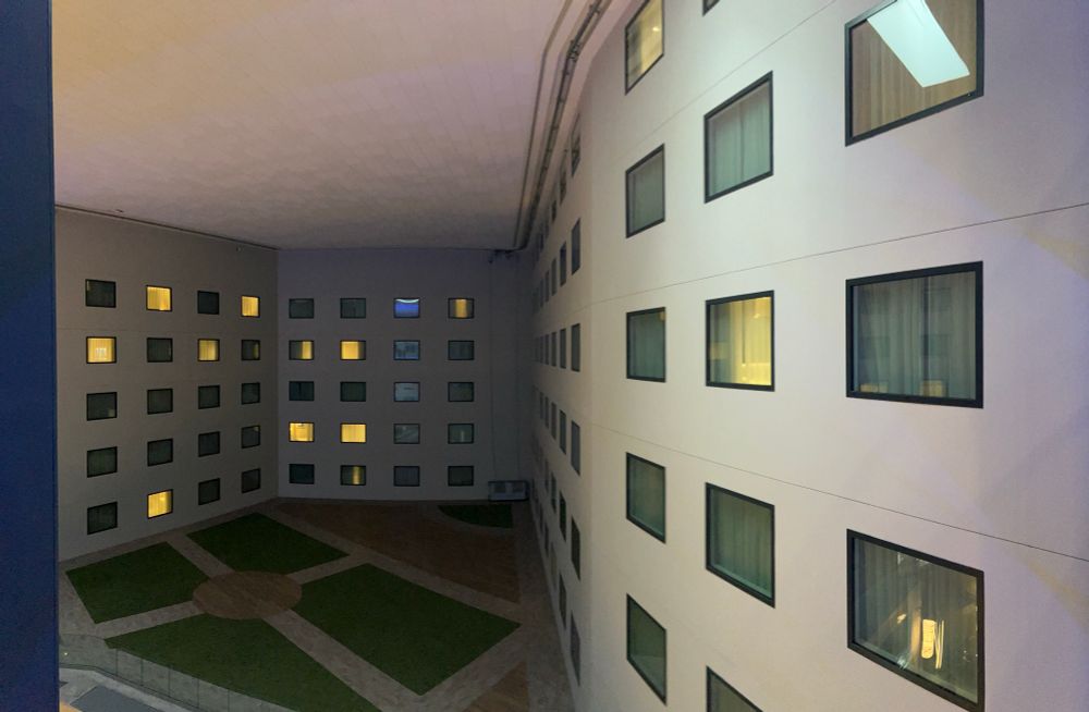 Weird hotel interior. Windows looking in on windows. 