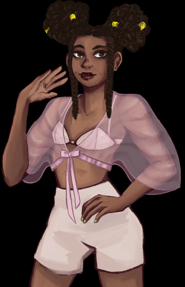 A thin, black girl with her braided hair in space buns. She is wearing an off-white bra and shorts set with a transparent pink top. She has gold beads in her hair and her nails are painted green.