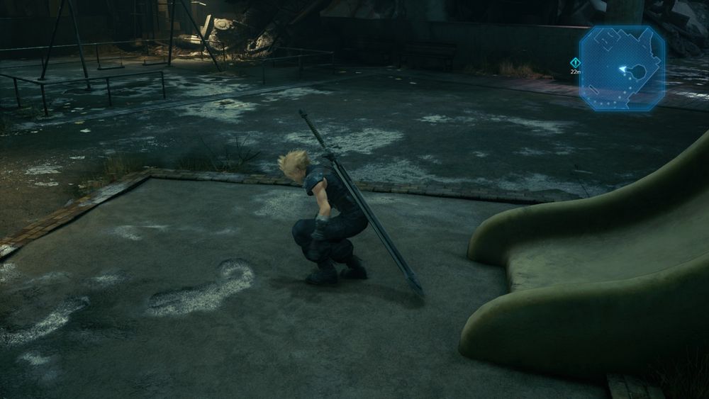 FF7 Remake: Cloud Strife squats after going down the slide.