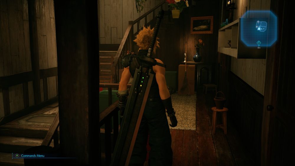 FF7 Remake: Cloud Strife stands outside the guest bedroom in Aerith's house. He faces a cluttered hallway.