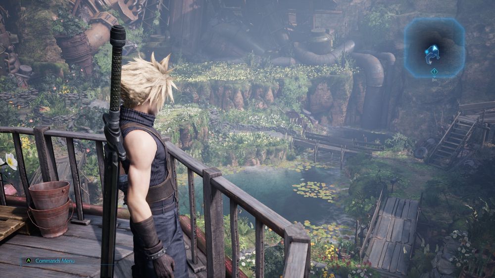 FF7 Remake: Cloud Strife gazes at Aerith's garden in the Sector 5 slums.