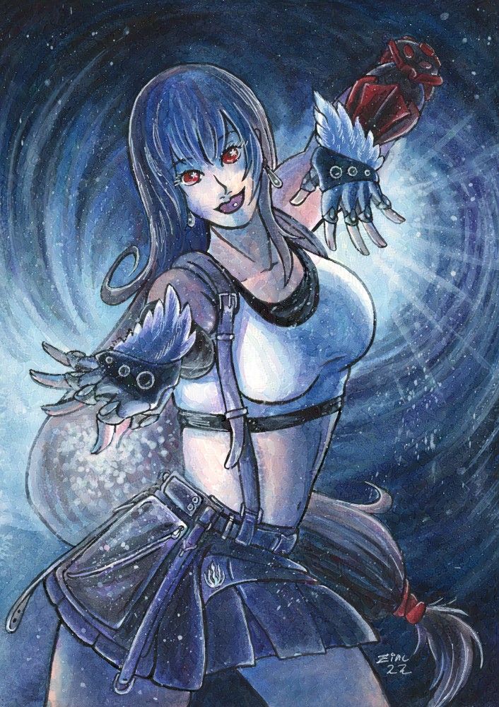 Watercolor painting of Tifa from Final Fantasy 7 about to do her "star shower" move with her feathered gloves