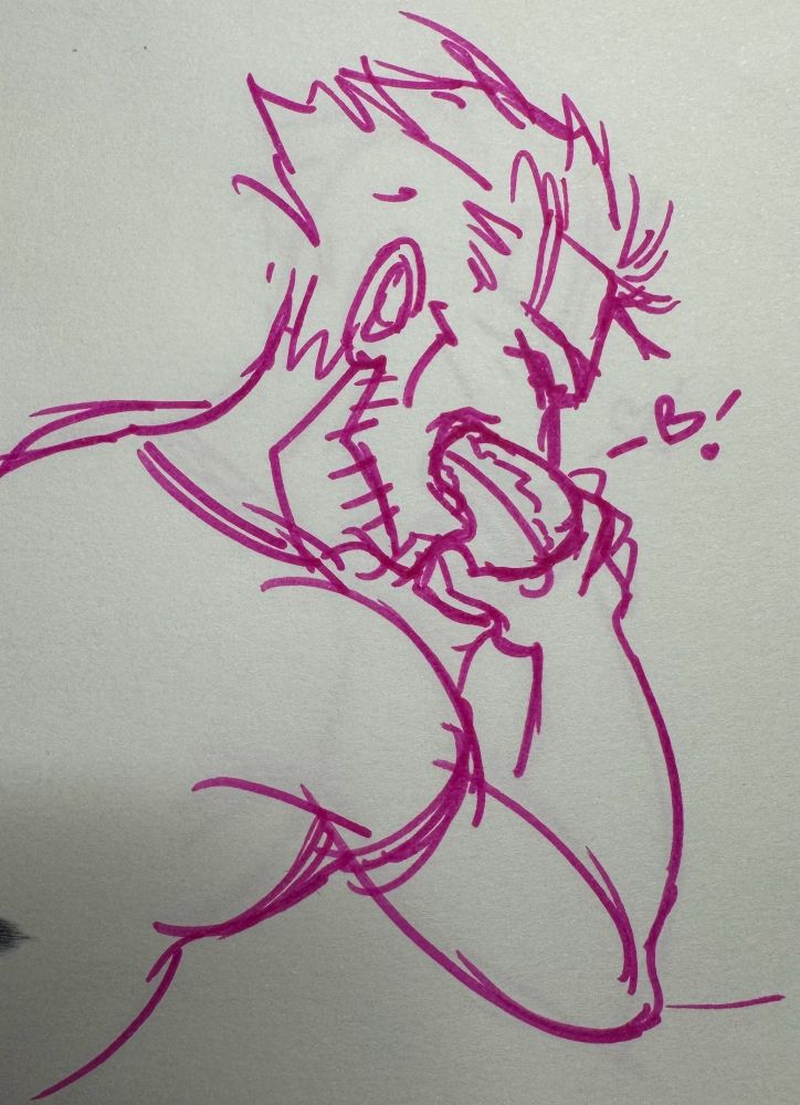 A sketch in purple ink of cid high wind absolutely devouring a burger