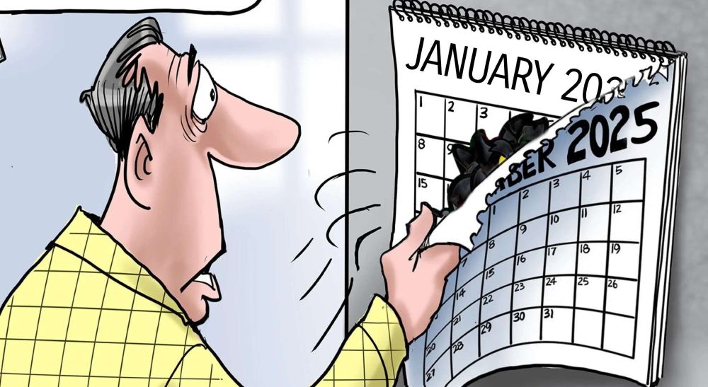 Comic of a man changing a calendar page from December 2025 to January. Black Bowser can be seen lurking just behind the torn page.