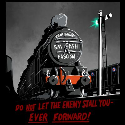 A locomotive speeding through a marshalling yard, with a clear signal.