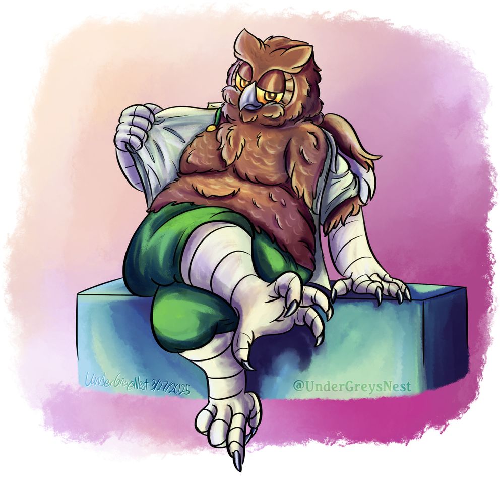 Barbertos (a great horned owl) sitting on a blue box, staring seductively with his head tilted downward slightly, while holding open one side of his button up shirt while the other sags slightly down his other arm, revealing his chest and belly. One of his legs crossed over the other with his talons out, while the one uncrossed is pointing downward.