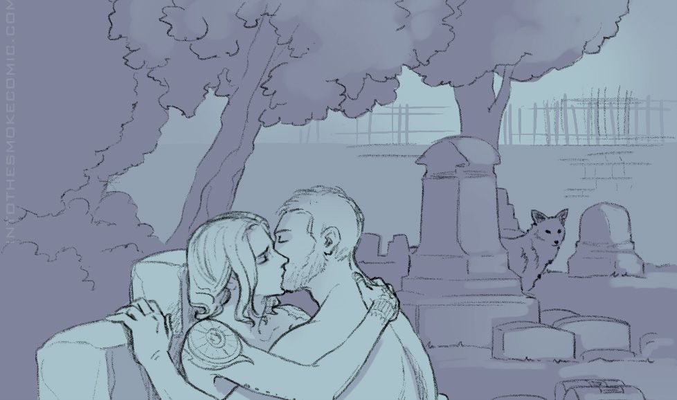 A preview of a sketched minicomic panel shaded in blue and purple. Blaze sits in a cemetery with his back against a tombstone while kissing a man. In the background are more tombstones, trees, and a coyote.