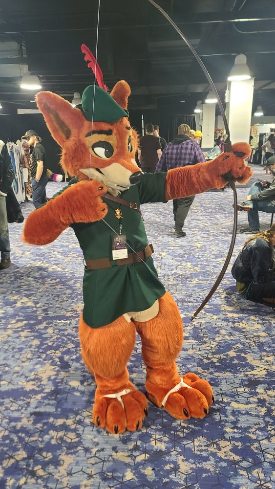 A fursuiter of Disney's Robin Hood drawing a bow.