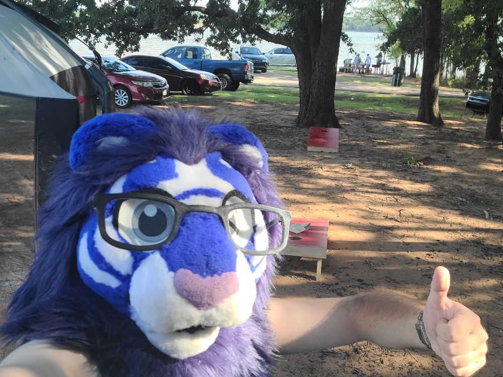 Cosmos thumbs up selfie in his fursuit head in a Grove of trees on a lakeshore.
