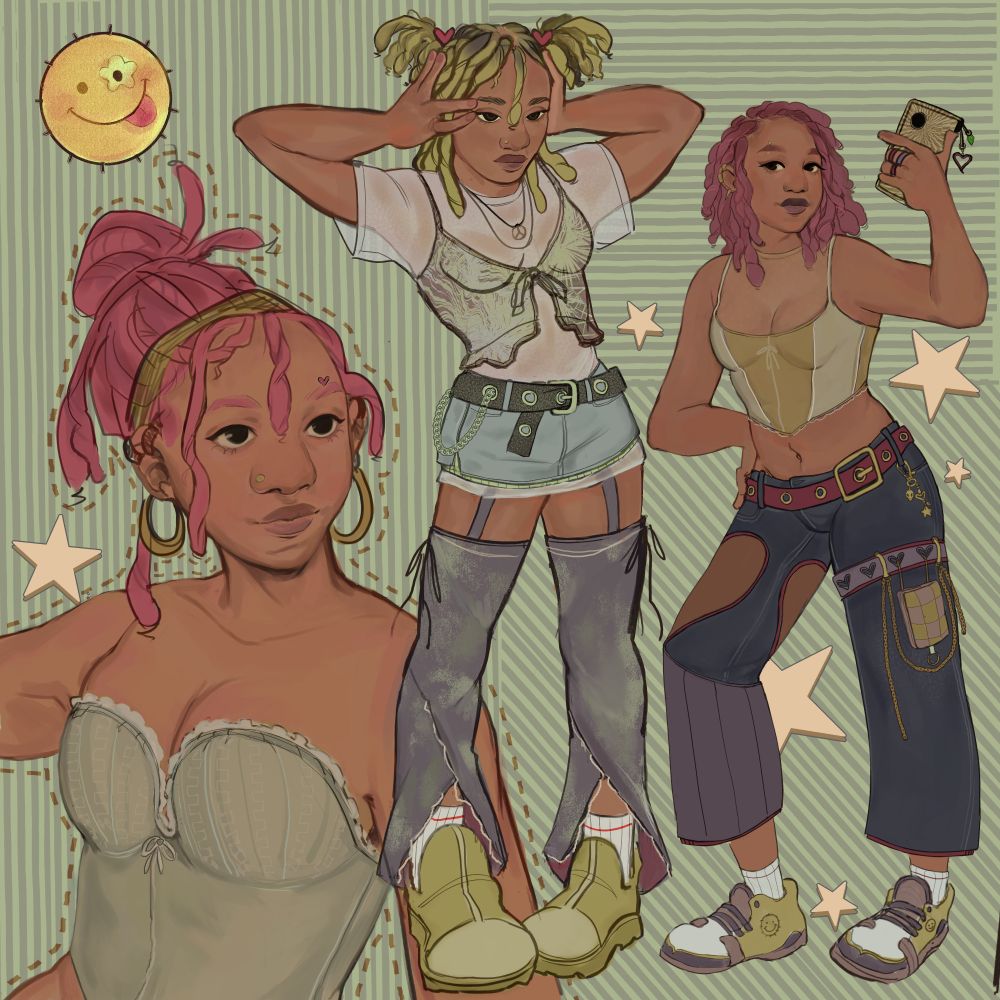 three drawn characters in front of a green striped background. 