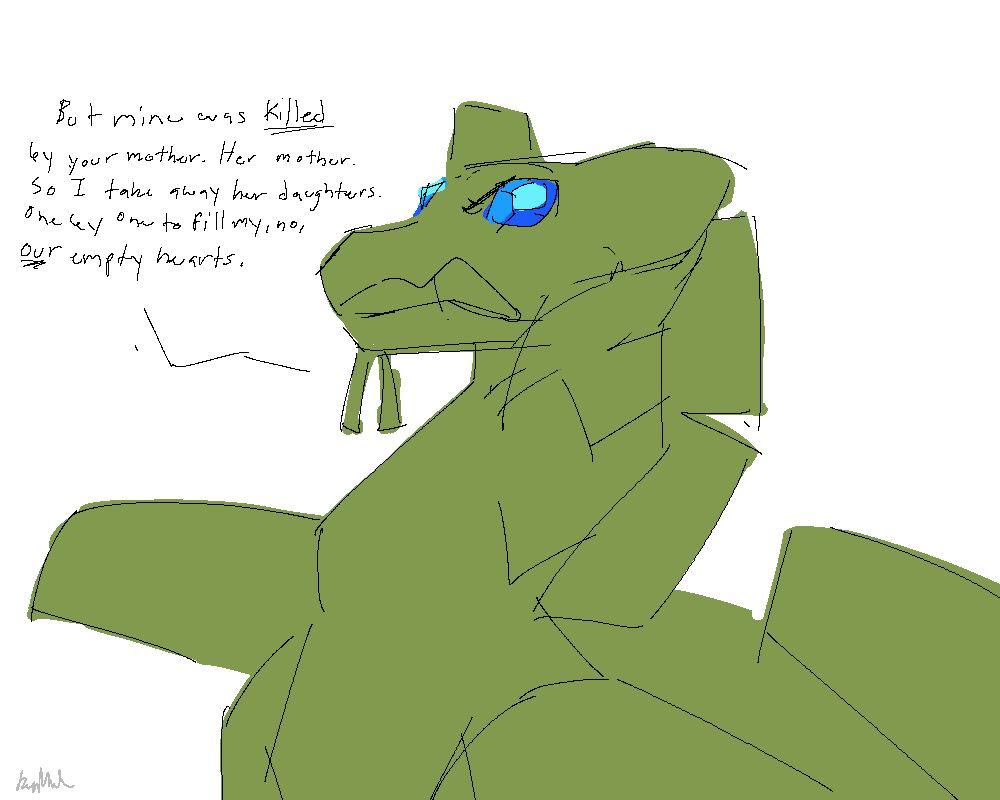 Orca statue drops its talons and lifts its head up saying: But mine was killed by your mother. Her mother. So I take away her daughters. One by One to fill my, no, our (Orca's sculptures) empty hearts.