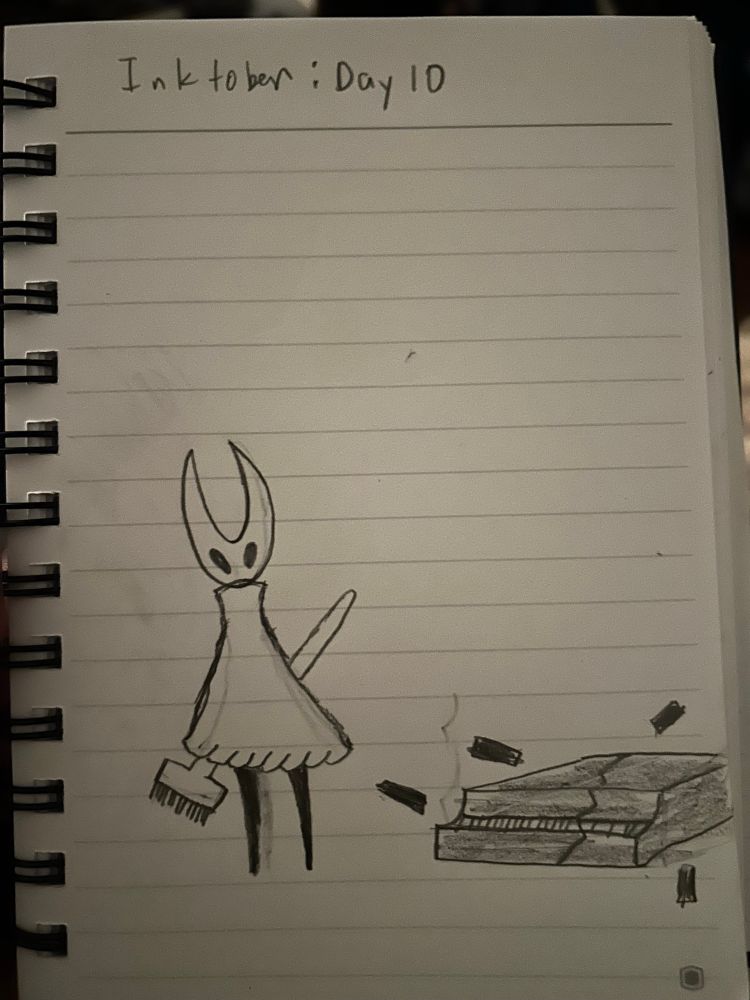 A drawing of hornet holding a broom next to a broken piano
