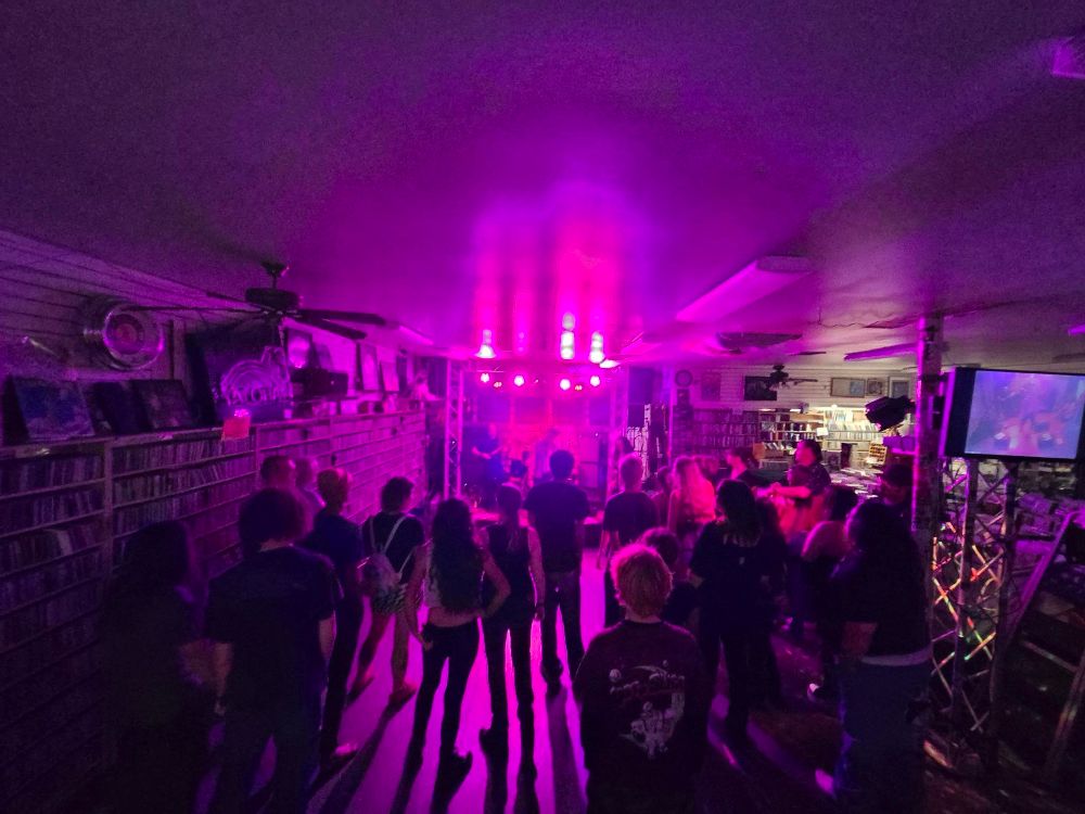 Back of the room shot of the audience at the concert. Purple lighting illuminates. 