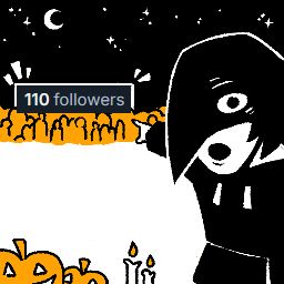 Me pointing at a crowd of people behind me with a label above them that says ‘110 followers’. There are some pumpkins and candles in the foreground. 