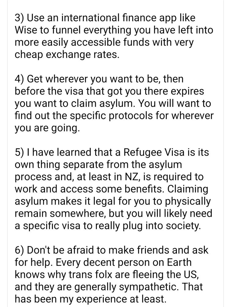 International finance apps, asylum vs refugee status, make friends - most folks are sympathetic and understand why trans are fleeing the US.