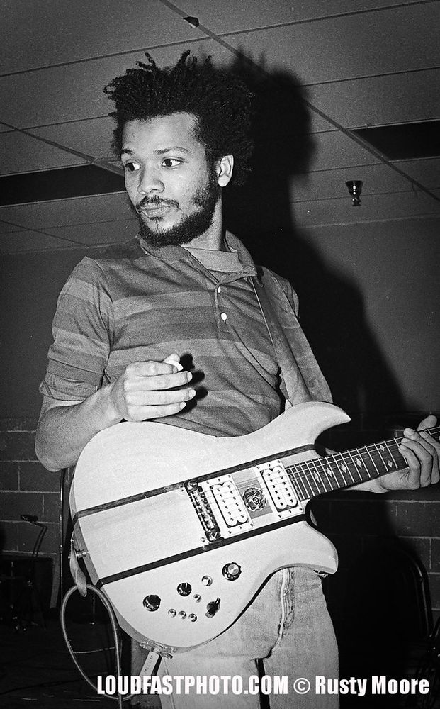 Black and white photo Dr. Know, guitarist in Bad Brains