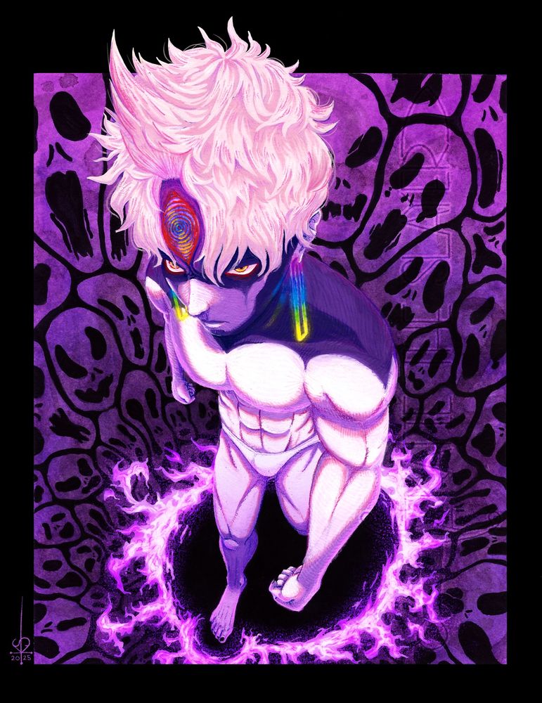 Painting of Evil Eye from Dandadan. He is in perspective as if the "camera" were above him and slightly to his left. The background is the wall of tormented souls he uses, painted in a magenta/purple gradient to show depth. At his feet is a circle of purple fire, as he steps forward menacingly. 