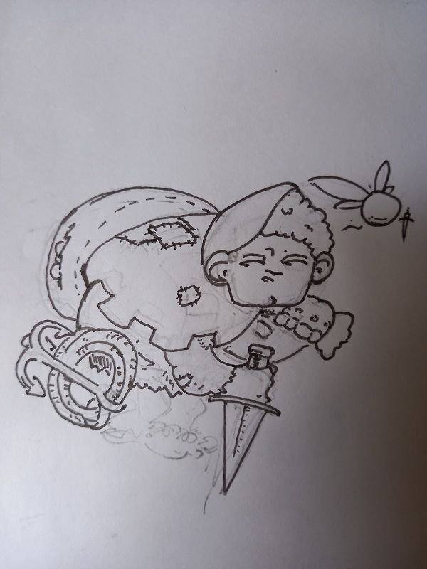 a hunched halfling carrying a bag filled with coins, knife drawn at the ready