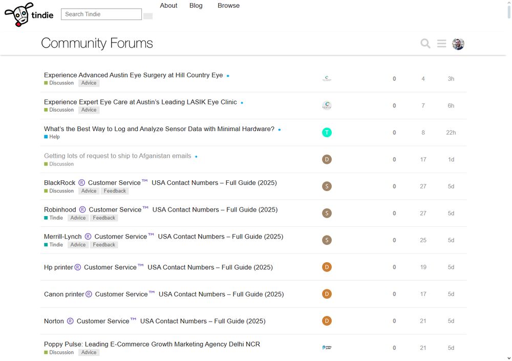 Tindie Community Forums, full of spam threads.