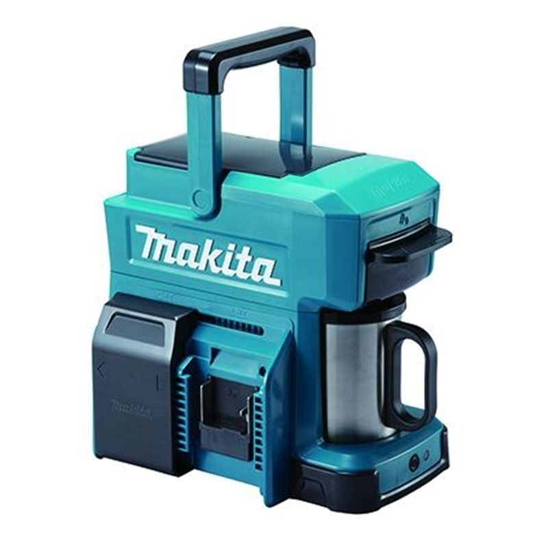 A photo of a portable coffee maker in the classic Makita turquoise with slots for their battery packs, a handle, and a mug sticking out. 