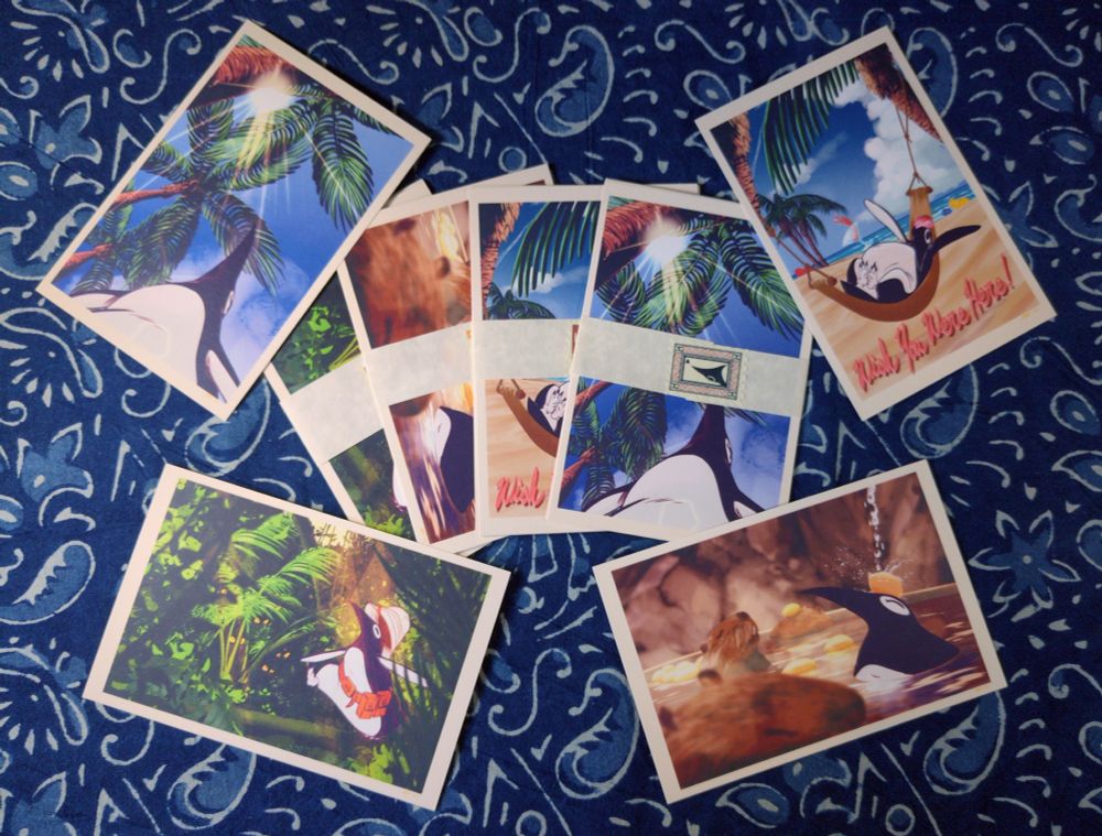 A set of four postcards, featuring Honk in various states of adventure, from my "Honk Travelogue" paintings made in 2021. The Postcards have been listed on my site and were originally created as a collab between Matt Aytch Taylor and the Washi Station!