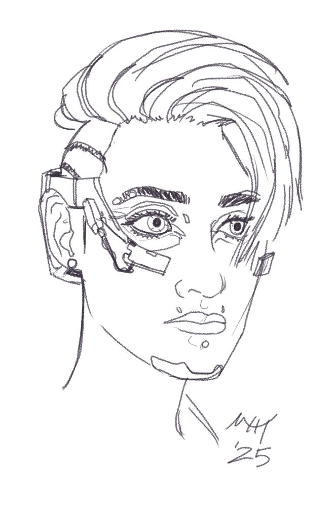 A digital sketch of Matt Aytch Taylor's V, from Cyberpunk 2077, she has piercings in her eyebrow, beneath her bottom lip and on her right ear. She wear's a BD wreath because the look fucking sick and she has a combed over undercut