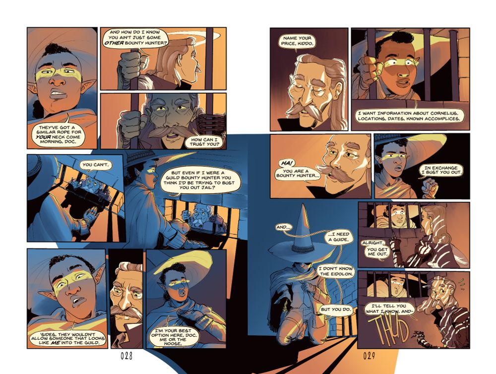 A spread from my Fantasy Western, Hexslingers, wherein two characters negotiate a jailbreak.