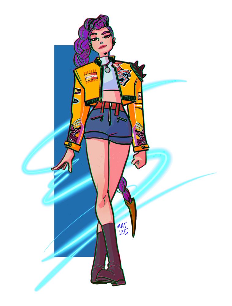 Fan art of Rumi from KPop Demon Hunters.
she is walking forward, wearing a smirk on her face.
her outfit is the yellow jacket with colorful patches and the high-waisted shorts and black boots from the "How It's Done" portion of the movie. Her hair is long, braided and purple. she is pulling blue strings of energy from the honmoon with her right hand.