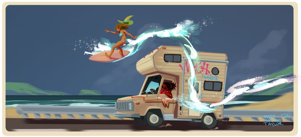 Two Sand Witches, one driving an 90's style camper van in beige colors with a white, orange and black 
