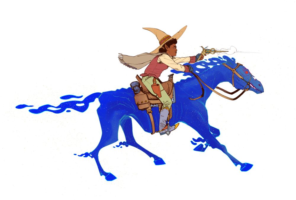 my character Katie Heck riding on a spectral blue star-filled horse, saddles and roding hard. Katie leans forward, firing off a spell with her wand-that-looks-like-a-revolver.