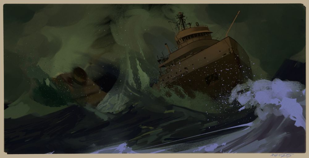 A small quick painting of the Edmund Fitzgerald lost November 10, 1975 on Lake Superior. The waves crash all around the ship as she breaks amidship spouting water upward in a cascade, the ships last breath before she sank, taking with her the lives of her 29 crew members.