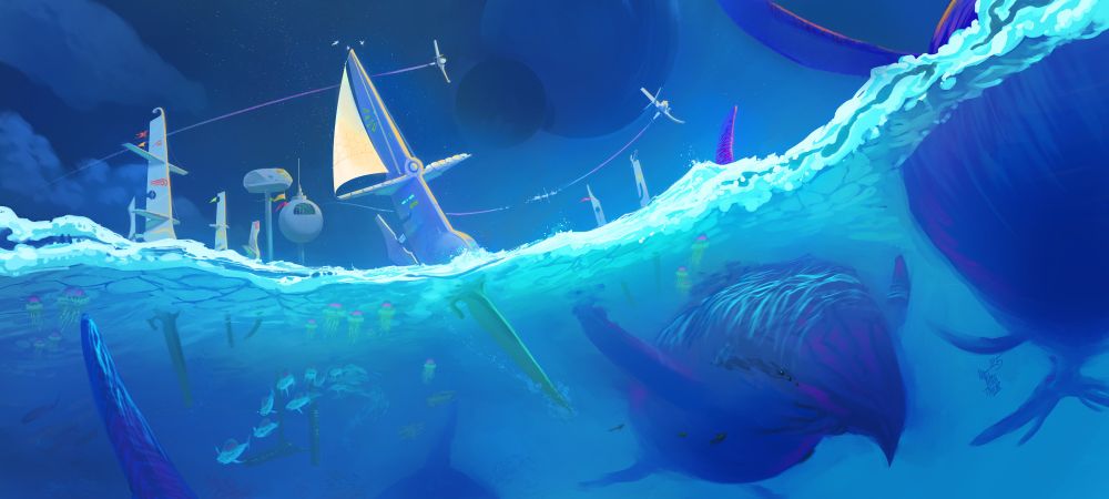 A vivid Blue horizontal landscape, for Sci-fi TTRPG "Stations and Starships" by Frigid Pigeon Inc.

The central focus of the piece is a tall wedge'shaped ship half in the water and half above. On its large dorsal wing are two smaller "fin" wings to which sails are attached - one in full sheet to the wind. Around this ship in the distance are other ships, similarly designed all with different configurations of wings and fins and flying flags of all colors. Further back a sort of docking station above the roiling ocean below, from which a distant ship is leaving. In the sky far above another planet and its moon can be seen through partial cloud cover.
Below the waves of the planetary ocean is teeming with all manner of life -- most notably large deep blue/purple whale like creatures that swim along side the starships floating in the water. There are also schools of fish and smatterings of jelly-fish-like creatures stretching into the far distance of the sea.