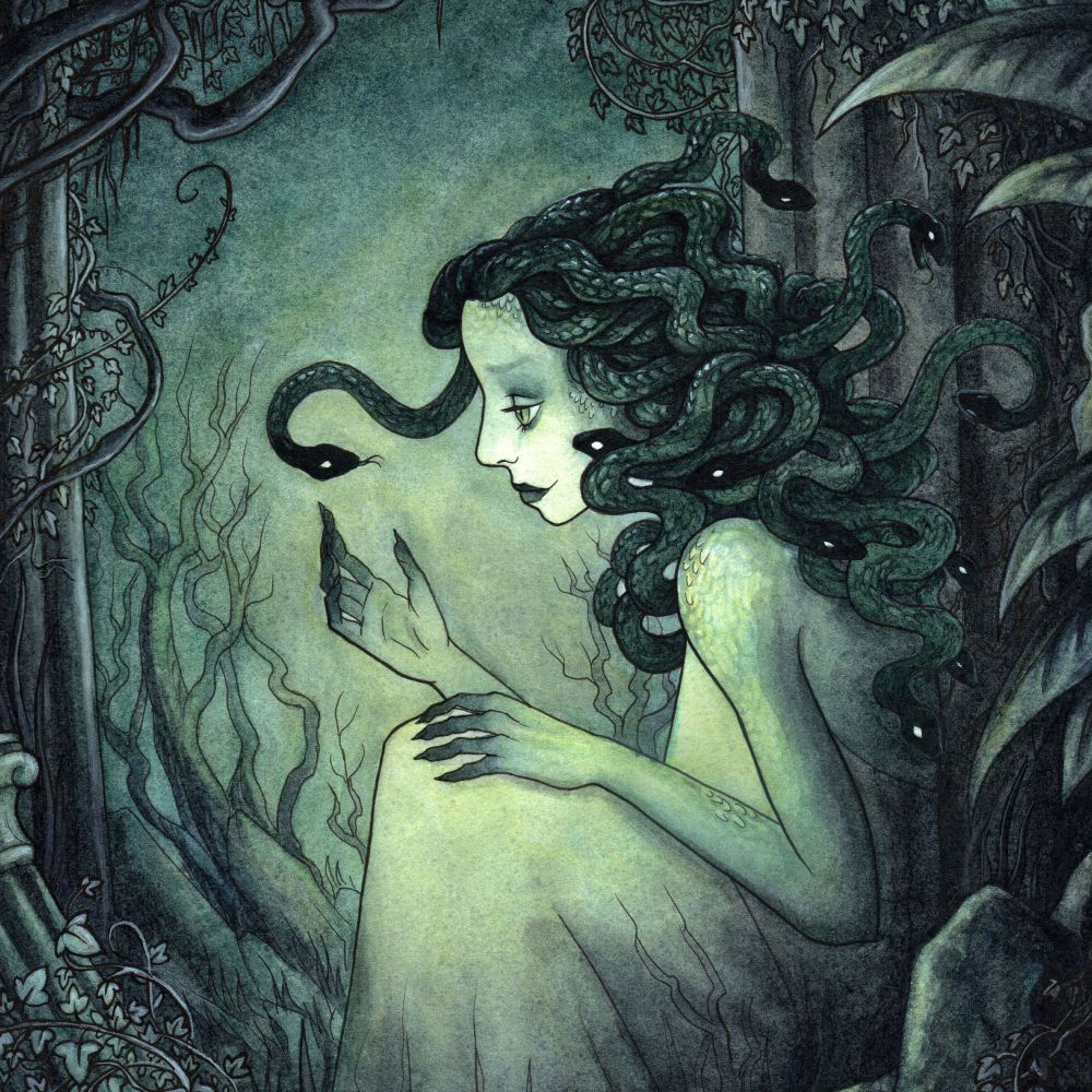 Medusa. Ink & watercolor. She was once human, but has been transformed into a monster. She sits alone in rubble & ruins, having a quiet moment with her curse. Some of the snakes in her hair seem restless. There is one that she's making eye contact with and she tenderly reaches a hand out to it.
