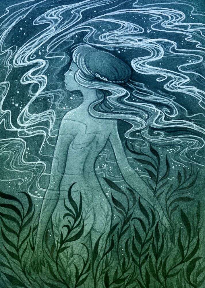 Feel & Flow. A naiad underwater serenely stands in the water weeds and feels the water currents. She is transparent, and her hair looks similar to the water currents.