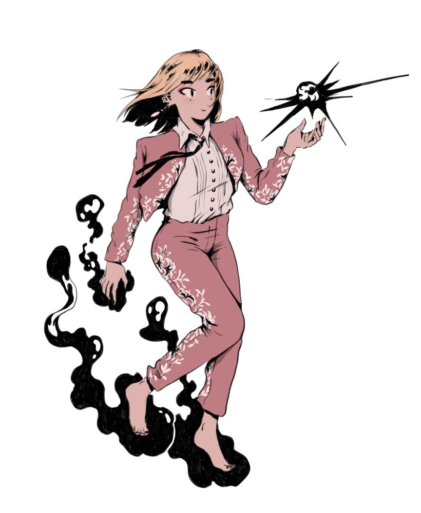 A short-haired blonde woman in a suit reminiscent of marichi, in pink with white flowers, walking in the air to the right, with black coloured magic surrounding her feet and right hand, and with a sort of black magic explosion on her left hand.