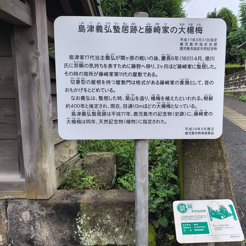 白い立て看板の写真。内容は以下

島津義弘蟄居跡と藤崎家の大楊梅

平成17年3月31日指定
鹿児島市指定史跡
鹿児島市指定天然記念物

　島津家17代当主義弘が関ヶ原の戦いの後、慶長6年(1601年)4月、徳川氏に恭順の気持ちを表すために藤野に移り、2ヶ月ほど藤崎家に蟄居した。その時の宿所が藤崎家第11代の屋敷である。
　切妻型の屋根を持つ屋敷門は格式ある藤崎家の象徴として、昔のおもかげをとどめている。
　なお義弘は、蟄居したとき、築山を作り、と楊梅を植えたといわれる。樹齢約400年と推定され、現在、目通り3mほどの大楊梅となっている。
　島津義弘蟄居跡は平成17年、鹿児島市の記念物(史跡)に、藤崎家の大楊梅は同年、天然記念物(植物)に指定された。

平成29年3月県立
鹿児島市教育委員会