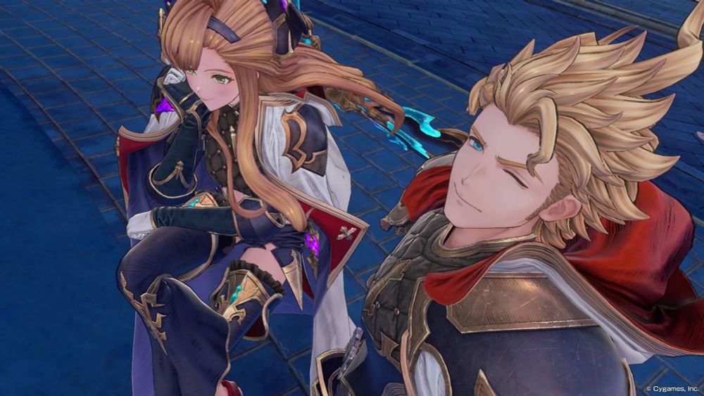 グランブルーファンタジーリリンクのスクリーンショット。画面手前にウィンクするシエテ、奥側に目線を外しているソーン。俯瞰構図。