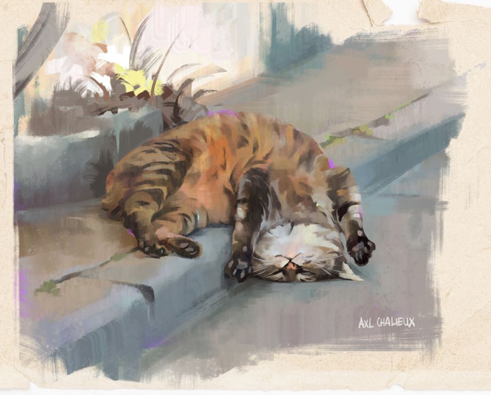 A cat in a strange position on the ground in an oil painting style