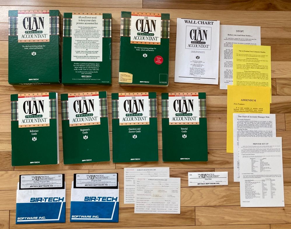 Box, manuals, disk for the "Clan Practical Accountant" system, published by Sir-Tech Software.