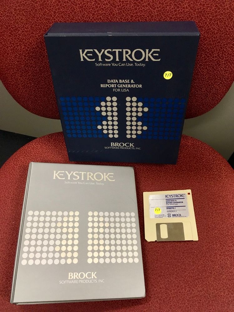 Brock's Keystroke Database & Report Generator, for Lisa. With disk, maual, slipcover.