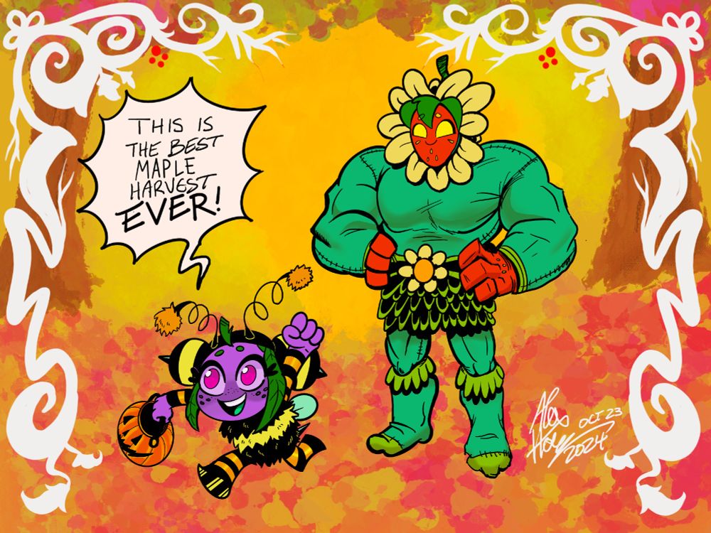 Strawbarian dresses up (as a flower) with Plum (as a bee) for the "Maple Harvest"