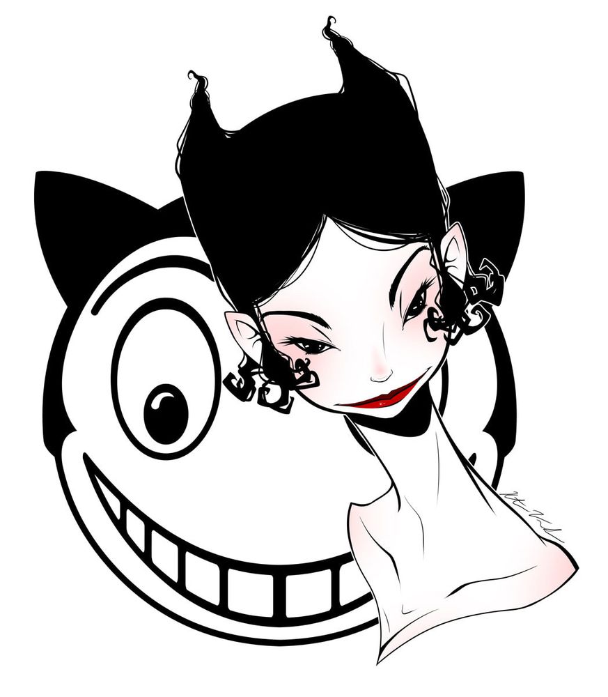 Black and white digital illustration of a highly stylized Cat Woman bust with the cat neon sign from the first Michael Keaton Batman movie behind her.