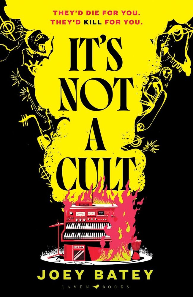 The cover of the book. A spotlit red piano is on fire, neon yellow smoke billowing upwards and taking on pagan symbols around the edges. 
The tagline reads "they'd die for you. They'd kill for you".