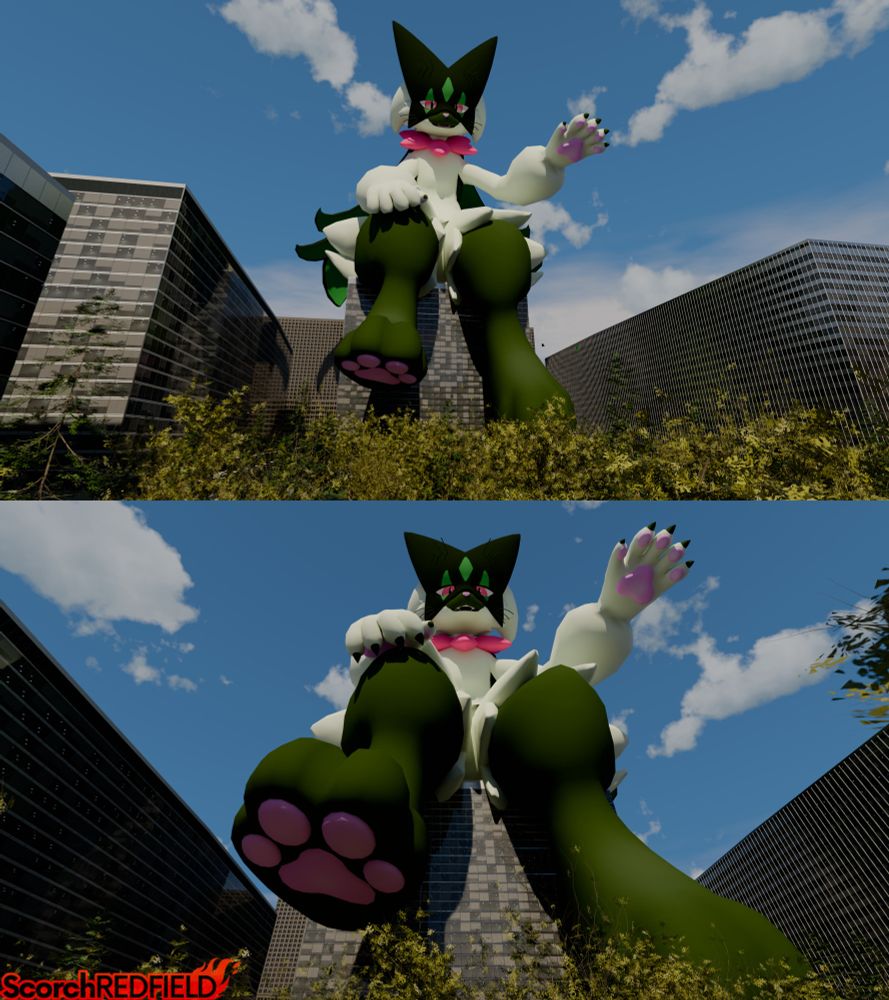 Saffron Cloverleaf, the giantess Meowscarada, sits on top of a building, waving to the people watching below.

Model by Gigash and SparklesRolf