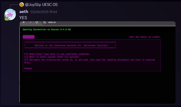 A picture of me finding the UESC Terminal by holding RAGE during "boot" of the website