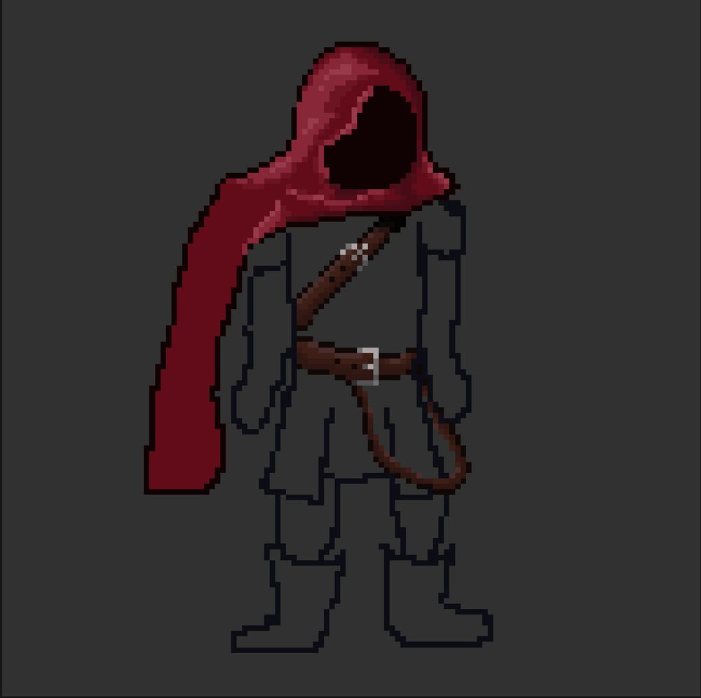 A pixel art character work in progress artwork with a wine-red cloak and two brown leather straps going across their body